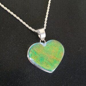 Sterling silver iridescent dichroic glass heart on pendant 20" rope necklace new
